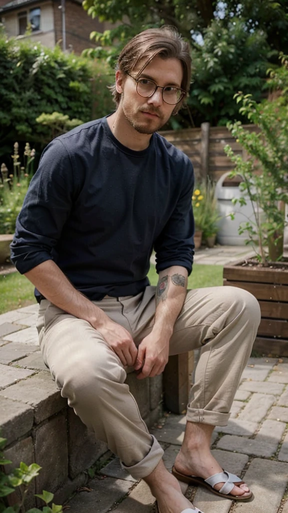 hipster man, wearing shirt and trousers, sittin in the garden