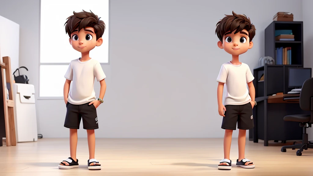 Young man with short hair wearing a white shirt with black shorts and white flip-flops in a studio with a white background