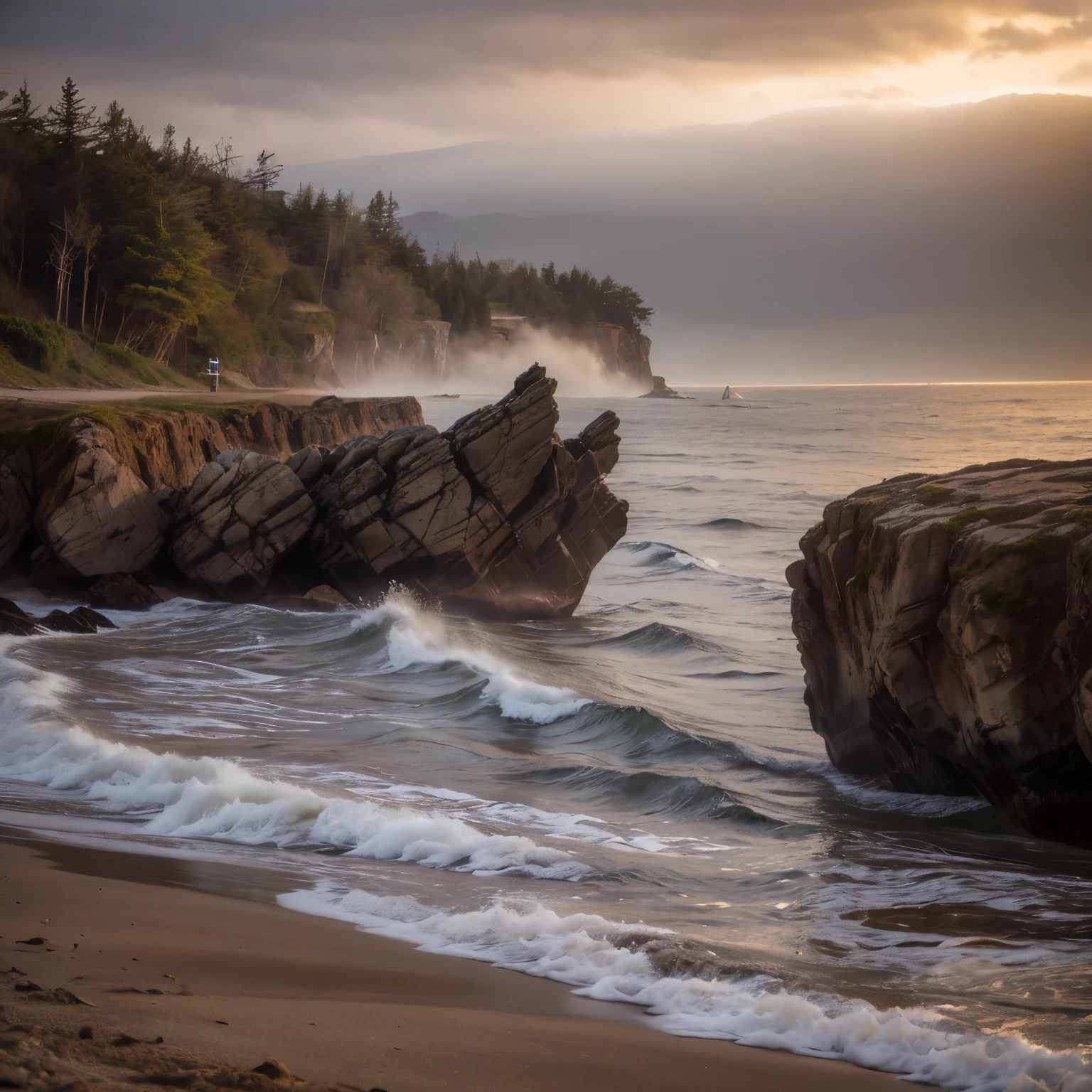 sunset, dusk, twilight.

Detailed Description of the Sea Area at the Coast of British Columbia
The coast of British Columbia, renowned for its rugged beauty, features a diverse and dramatic landscape. Along the shoreline, massive boulders and rocky outcrops are interspersed with patches of pebble-strewn beaches, creating a natural, textured terrain. The area is characterized by the temperate rainforest, which extends down to the coast, providing a lush, green backdrop of towering cedar, spruce, and hemlock trees.

The Pacific Ocean here is dynamic and powerful, with waves that range from gentle swells to towering breakers, depending on the weather conditions. The water is cold year-round, with temperatures ranging from 8 to 14 degrees Celsius (46 to 57 degrees Fahrenheit), often necessitating the use of thick wetsuits for surfers.

The tides are significant, with a high tidal range that exposes tide pools teeming with marine life at low tide and submerges rocky platforms at high tide. Sea foam and kelp are common sights, along with driftwood washed up along the shore. The waves can be clean and glassy on calm days, but more often, the sea is choppy, with strong winds creating whitecaps and turbulent conditions.

Stormy weather brings even more dramatic scenes, with heavy rain, dark storm clouds, and high winds. The waves become formidable, crashing against the rocks with immense power, creating an awe-inspiring display of nature's force. Mist and fog frequently roll in from the ocean, adding an ethereal quality to the landscape, while the snow-capped peaks of the distant Rocky Mountains stand as a majestic backdrop, completing the stunning coastal scenery.