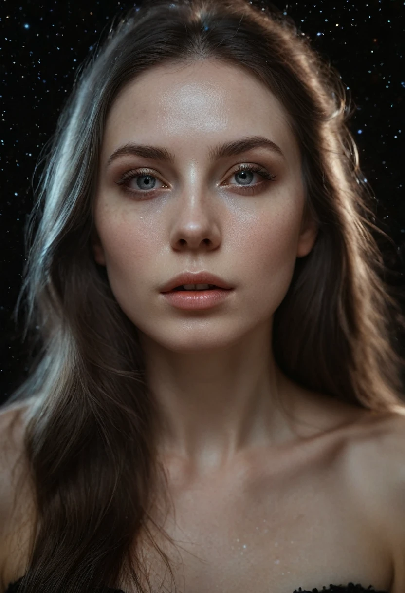 A beautiful evil slavic woman, pale skin, long hair, Double exposure, 30yo female unusual angle, star system galaxy, planet, supernova, simple black background,  warm tones, side lighting, natural skin details, 4k, UHD, masterpiece, detailed eyes, detailed face, detailed skin, perfect hands, perfect feets, photo, high skin detail, moles, imperfect skin, ultra realism, RAW photo, subsurface scattering