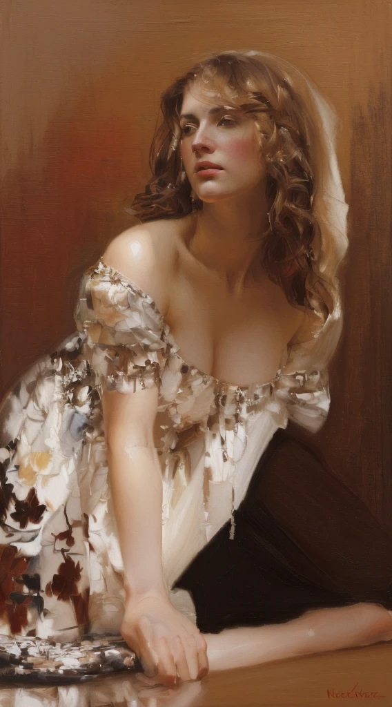 Oil painting of a beautiful woman((Lots of color contrast))  ((best work of art)) ((Nick Alm style oil painting)) ((beautiful woman)).Brown hair, modern, current white background, Nick Alm, by Andrea Pozzo, Jeremy Lipking, range murata Jeremy Lipking, by Carlo Mense, inspired by Enrique Simonet, sargento marshénnikov, by Michael Ford, krenzcushart, Jeremy Lipking full length shot, by Josep Rovira Sole