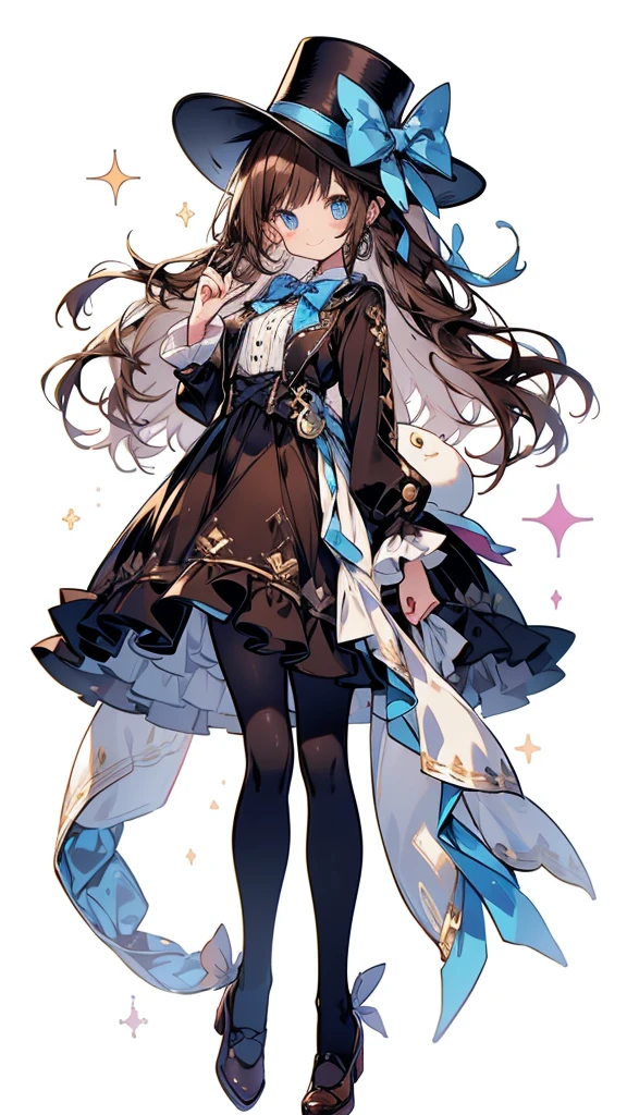a picture is a cartoon style pic with a female protagonist and her pet, solo, 1girl, dress, long hair, hat, full body, blue eyes, bow, top hat, mini hat, mini top hat, sparkle, sidelocks, brown dress, white pantyhose, very long hair, smile, looking at viewer, simple background, bowtie, frills, bangs, brown hair, frilled dress, white background, pantyhose, closed mouth, standing, shoes