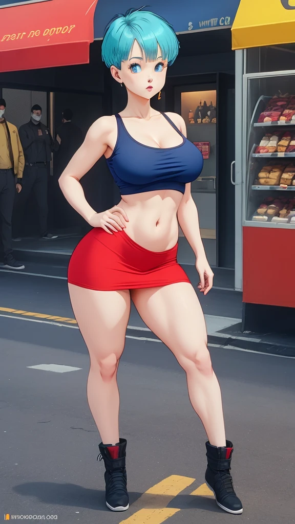 Bulma beautiful with her red miniskirt big breasts and big hips small waist full body long blue hair 