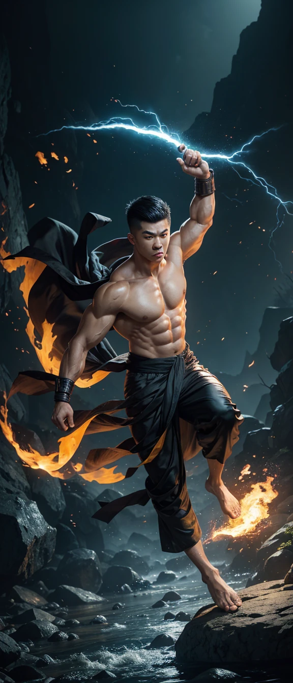 mid-angle shoot, side-angle view, fish-eye effect, a big muscular body Chinese young man, buzz-cut hair, wearing a grey yukata pants, dark style, barefoot, shawl cloth floating, wearing thunder gauntlets, clashing fist, a yellow-black lightning effects, a black smoke evaporates from his body, spinning attack pose on a rock, fire sparks effect, flying debris, focus on detailed eyes,super detailed,realistic, HDR, background the forest view and a rocky river, white lighting.