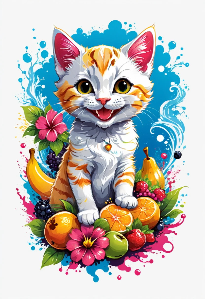  T-shirt designs, vectorial art, downtown, White background, colorful illustration of a smiling kitten, no downtown, swirly vibrant colors, flowers, fruits, high détail, hawaii background, t shirt design.
(work of art, best qualityer, proffesional, perfect composition, very aesthetic, absurdrez, super verbose, details Intricate:1.3)