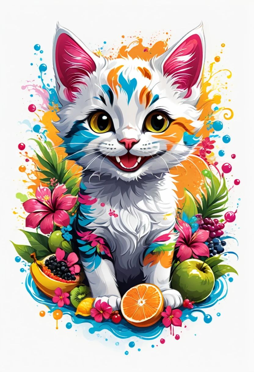  T-shirt designs, vectorial art, downtown, White background, colorful illustration of a smiling kitten, no downtown, swirly vibrant colors, flowers, fruits, high détail, hawaii background, t shirt design.
(work of art, best qualityer, proffesional, perfect composition, very aesthetic, absurdrez, super verbose, details Intricate:1.3)