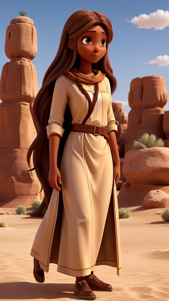 Woman with long brown hair, BROWN SKIN, long tunic clothing like jesus, in the desert