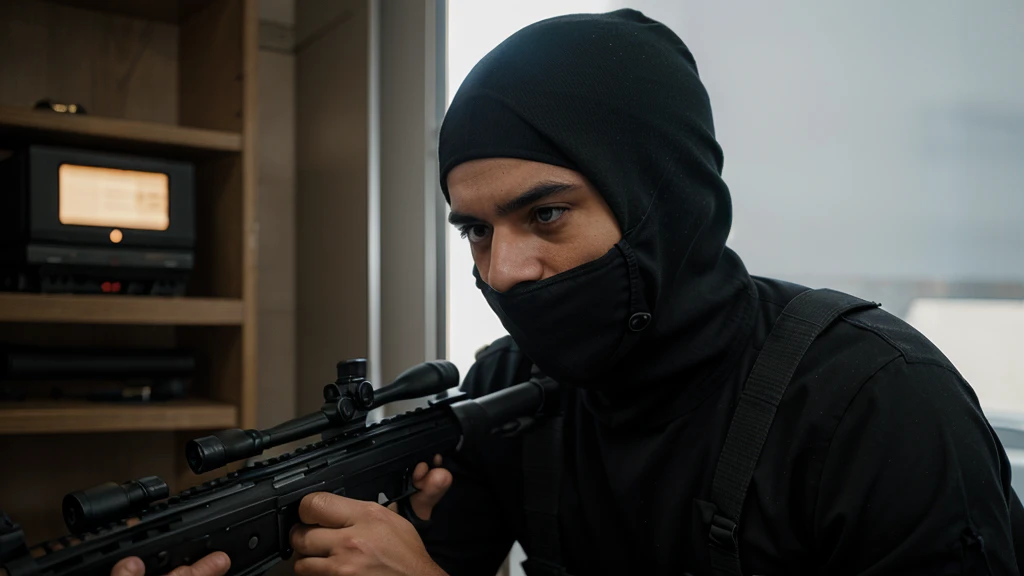 man, terrorist , rifle, using balaclava, looking at screen