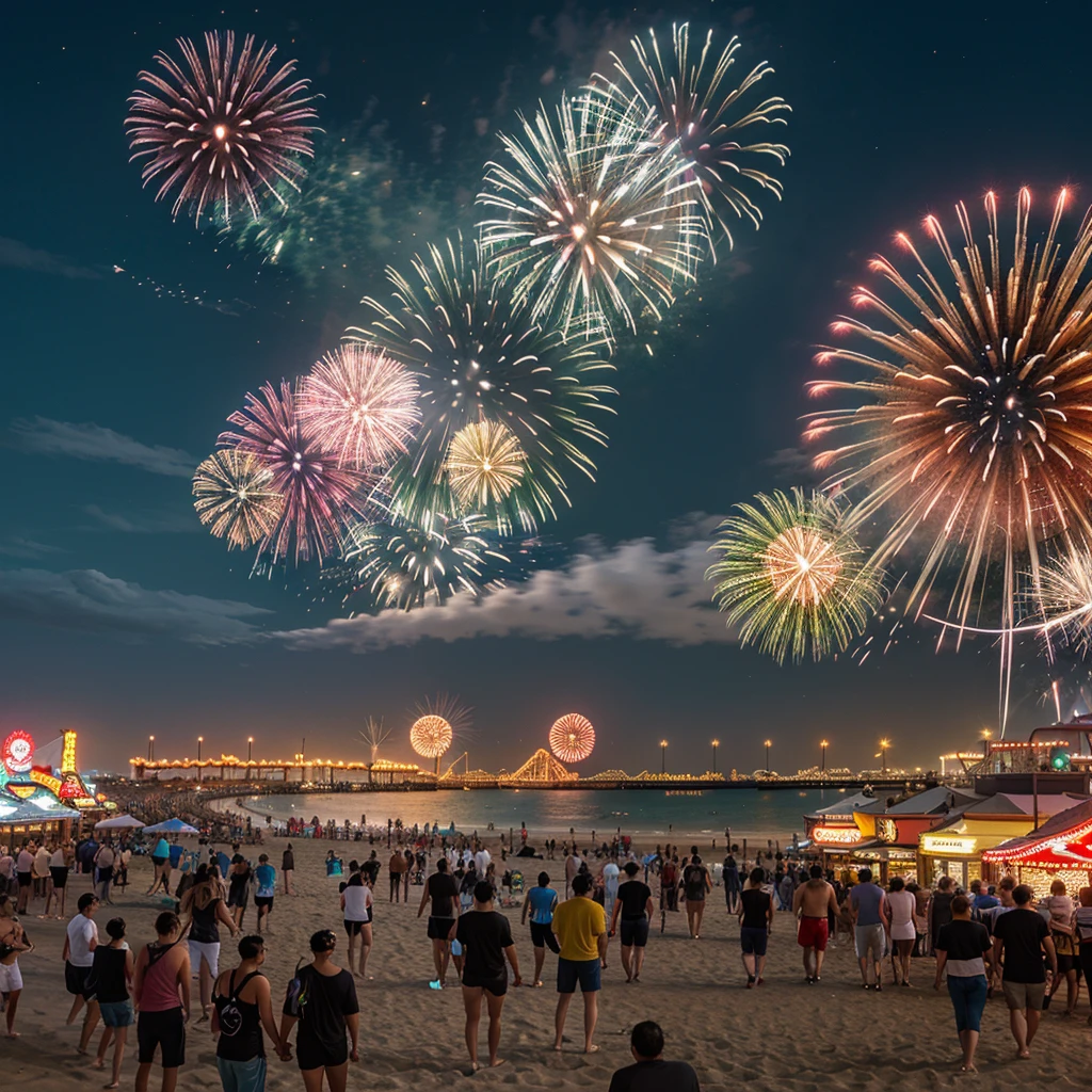 recreate coney island with firework in the sky, make it must realistic possible, The beach and boardwalk are bustling with excited visitors, families, and friends