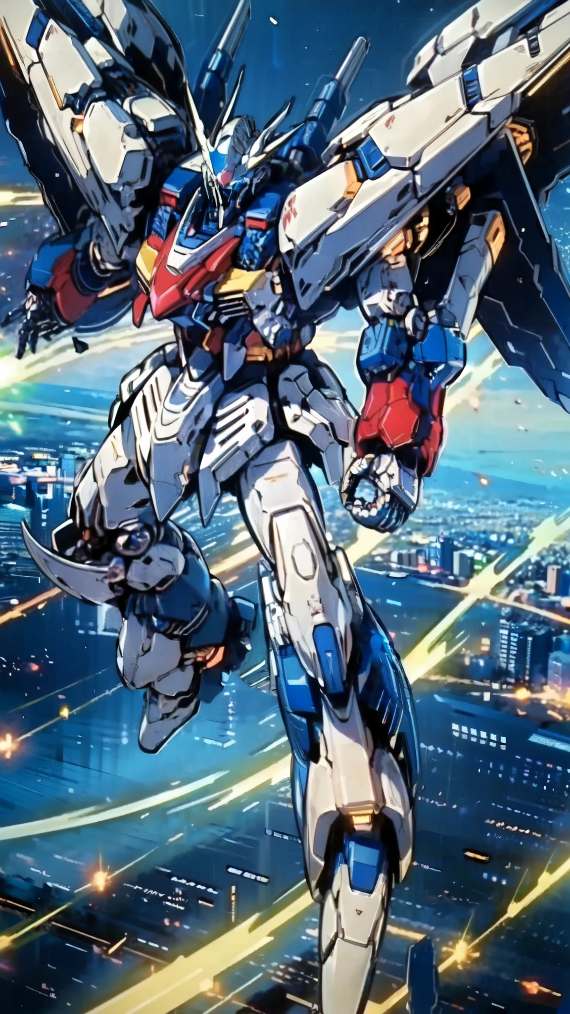(masterpiece:1.5, best quality:1.5, extremely delicate:1.5), humanoid Mecha, fully enclosed shoulder guards, matching arm and leg guards, full body, full armor, the design balances heavy with agility, (the color scheme is primarily white with red and blue accents, the concept Inspired by Super robot, organic biotech armor, standing, floating high above the futuristic sci-fi city), exquisite and mature art style, (aura effect, energy, glowing eyes, the armor glows), ((SRS)), metallic, dramatic, high definition, highres, ultra-detailed, ultra-fine painting, professional, perfect body proportions, anatomically correct, symmetrical face, extremely detailed eyes and face, high quality eyes, creativity, RAW photo, UHD, 32k, Natural light, cinematic lighting, masterpiece-anatomy-perfect