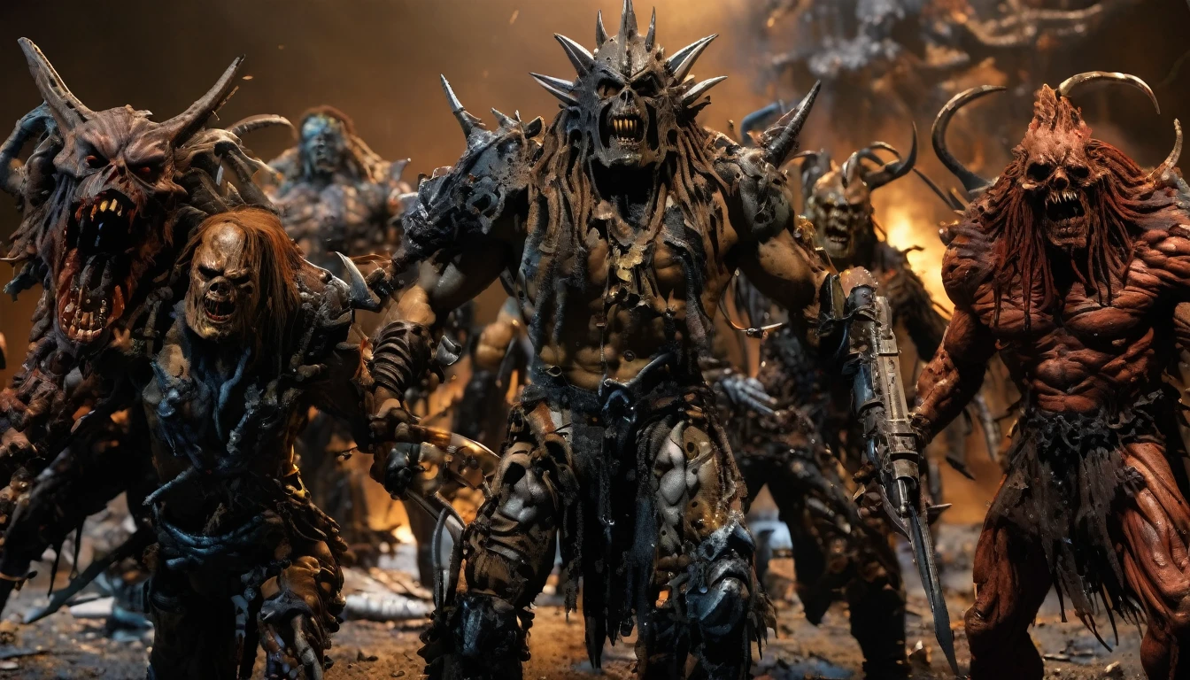 (3D rendering:3.1) in (medium full shot:3.1) of lot of characters from (metal hurlant magazine:3.1), inspired by style of Simon Bisley and style of Ed Binkley art, barbarian warriors in battles against space creatures, monsters, daemons, aliens, mutant, with explosions, smoke and fire (with Creepy, Sci-Fi, Fantasy and Horror:2.9), directed by Ridley Scott (Cinematic:3.1), horror movie, horrified, terrified, insane, disgusting, disturbing, Impactful, cgsociety, hyper-detailed, digital illusions, cyberspace, photorealistic, arts visuals. Ultra detailed, RAW photo, artstation style, concept art, (masterpiece:2.9), 8k, realistic textures, (3D rendering:3.1)