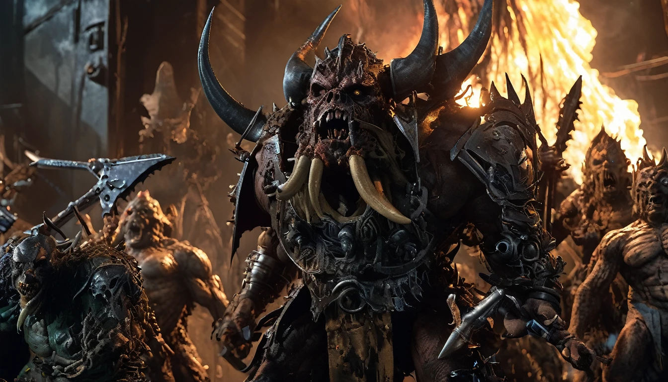(3D rendering:3.1) in (medium full shot:3.1) of lot of characters from (metal hurlant magazine:3.1), inspired by style of Simon Bisley and style of Ed Binkley art, barbarian warriors in battles against space creatures, monsters, daemons, aliens, mutant, with explosions, smoke and fire (with Creepy, Sci-Fi, Fantasy and Horror:2.9), directed by Ridley Scott (Cinematic:3.1), horror movie, horrified, terrified, insane, disgusting, disturbing, Impactful, cgsociety, hyper-detailed, digital illusions, cyberspace, photorealistic, arts visuals. Ultra detailed, RAW photo, artstation style, concept art, (masterpiece:2.9), 8k, realistic textures, (3D rendering:3.1)