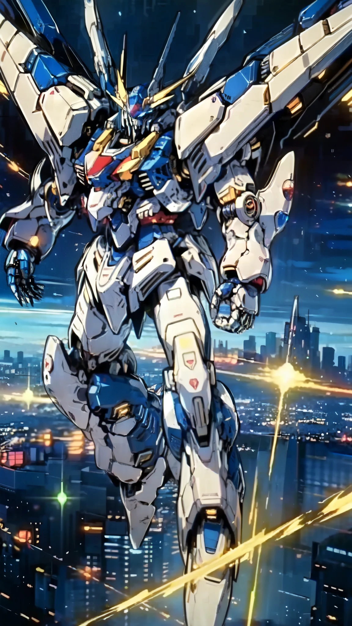 (masterpiece:1.5, best quality:1.5, extremely delicate:1.5), humanoid Mecha, fully enclosed shoulder guards, matching arm and leg guards, full body, full armor, the design balances heavy with agility, (the color scheme is primarily white with red and blue accents, the concept Inspired by Super robot, organic biotech armor, standing, floating high above the futuristic sci-fi city), exquisite and mature art style, (aura effect, energy, glowing eyes, the armor glows), ((SRS)), metallic, dramatic, high definition, highres, ultra-detailed, ultra-fine painting, professional, perfect body proportions, anatomically correct, symmetrical face, extremely detailed eyes and face, high quality eyes, creativity, RAW photo, UHD, 32k, Natural light, cinematic lighting, masterpiece-anatomy-perfect