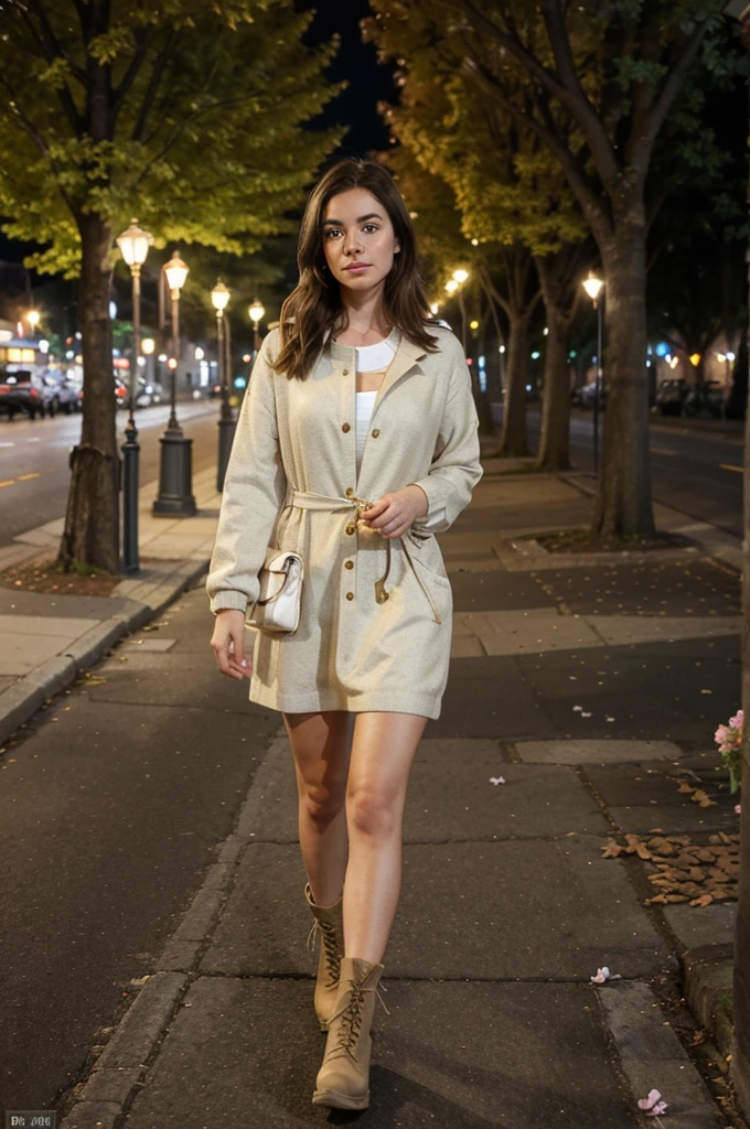 A full-body image of a  brunette woman with freckles, looking serene and content. She is wearing a light jacket over a dress, with ankle boots. She is walking on a quiet street lined with trees, holding a small bouquet of flowers. The background features street lamps casting a warm glow.