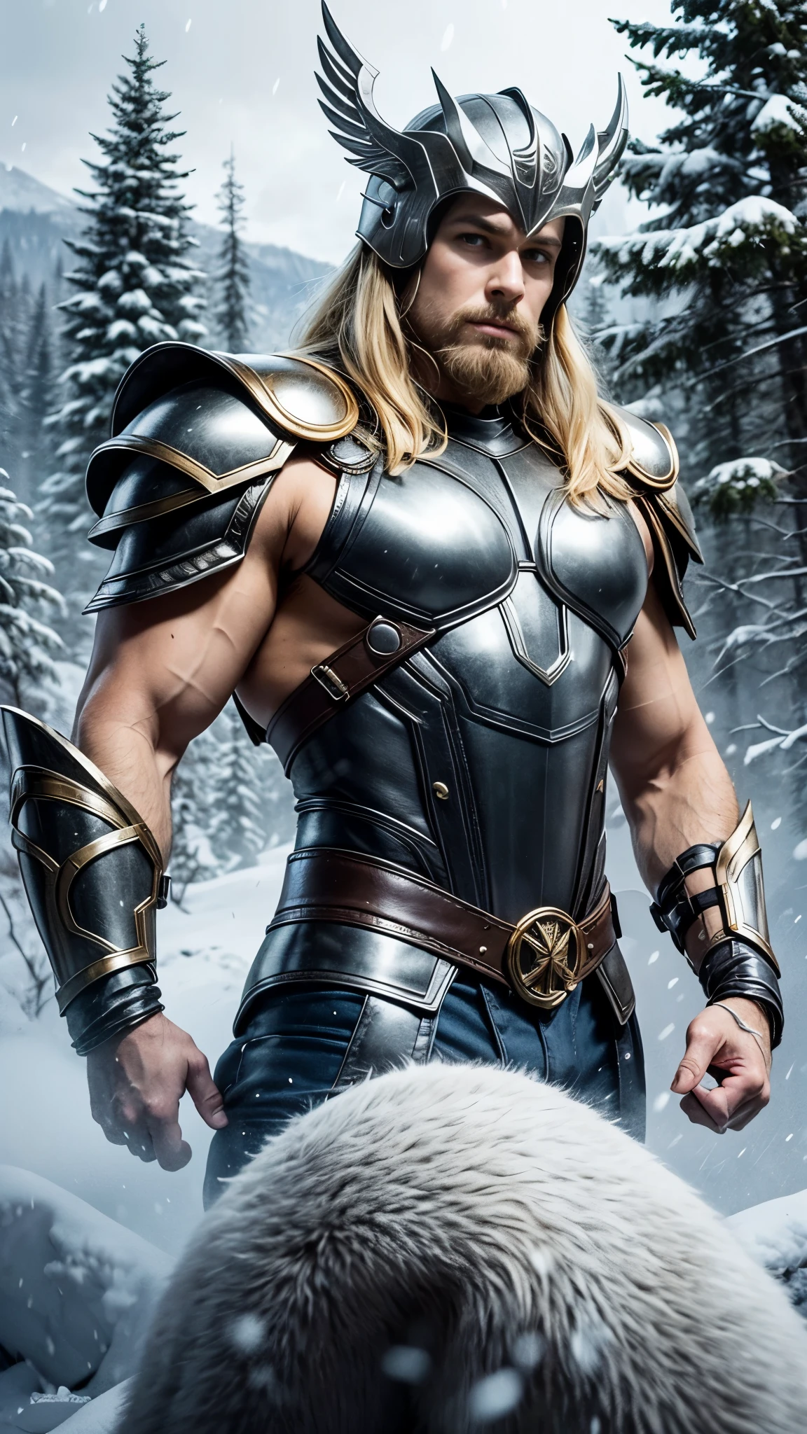 Thor, muscular man, blonde hair, blonde beard, silver armor, fur armor, leather, snow-capped mountains, tall trees, rough seas, 