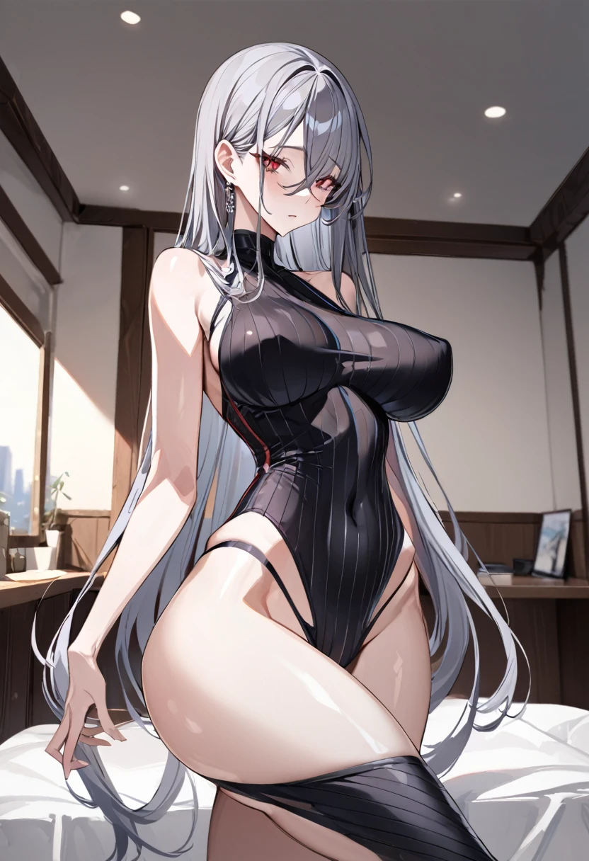 Best Quality, 8k, High resolution, high quality, masterpiece, Beautiful, (Anatomically correct:1.2), A beautiful woman, 20th Generation, Silky gray hair, Straight Long, long bangs that hide one eye, Red eyes, Beautiful Skin, Tall and toned body, pointy big breasts, Extreme sexy underwear, valley, indoor, Sexy pose, night,