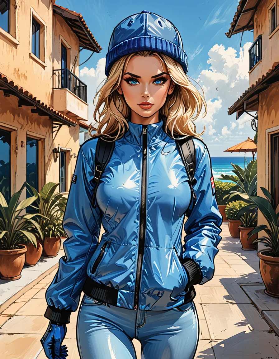 (girl in Blue zipped up down winter jacket) and levis (jeans)  and blue gloves and (((blue winter hat))) walking against the backdrop of a white hotel in the tropics,outside,  adult, [Nordic], Hourglass elongated fitness body, perfect Olive skin, Oval Face, Long neck, Rounded shoulders, perfect hand, Attached Pointed ears, round forehead, (Short blonde Waves pixie hair), snub nose, Arched eyebrows, ((Monolid blue Eyes)), High Round Narrow cheekbones, Dimpled Cheeks, Rounded Chin, Rounded Jawline, ????????? Lips, (blue eyes), ???? Makeup Look, long eyelashes, third ?????? size, ong slim fitness legs, graphic style of novel comics, perfect hands, 2d, 8k, hyperrealism, masterpiece, high resolution, best quality, ultra-detailed, super realistic, Hyperrealistic art, high-quality, ultra high res, highest detailed, lot of details, Extremely high-resolution details, incredibly lifelike, soft cinematic light,