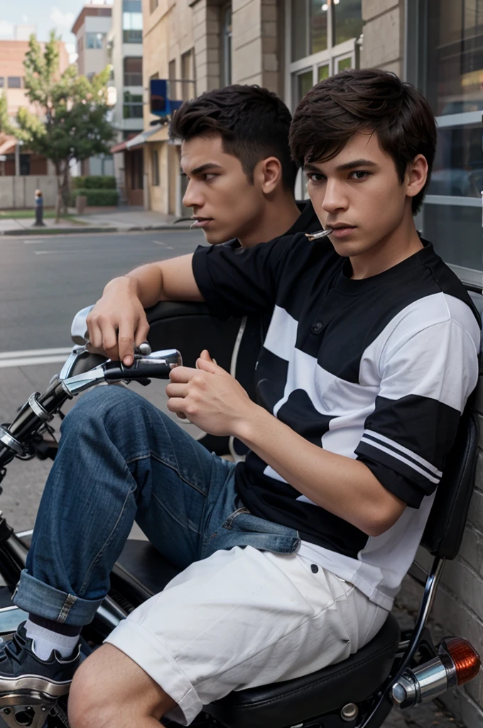 A guy is smoking, wearing school clothes, background on the motorbike, 3d animation
