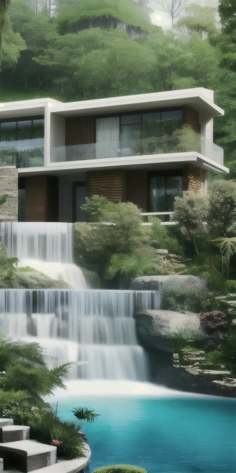 modern villa- forest- magical- realistic- waterfall