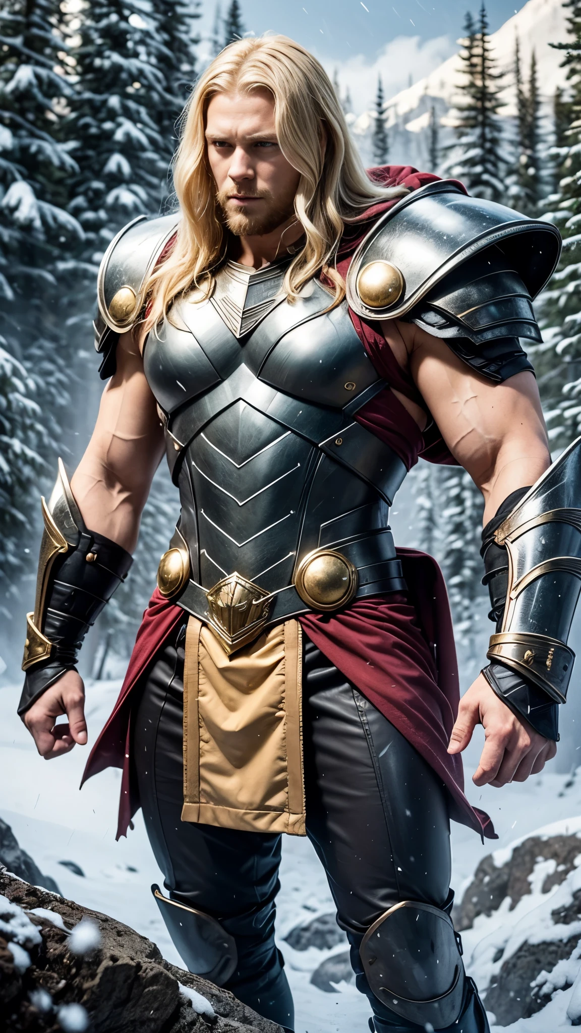 Thor, muscular man, blonde hair, blonde beard, silver armor, fur armor, leather, snow-capped mountains, tall trees, rough seas, 