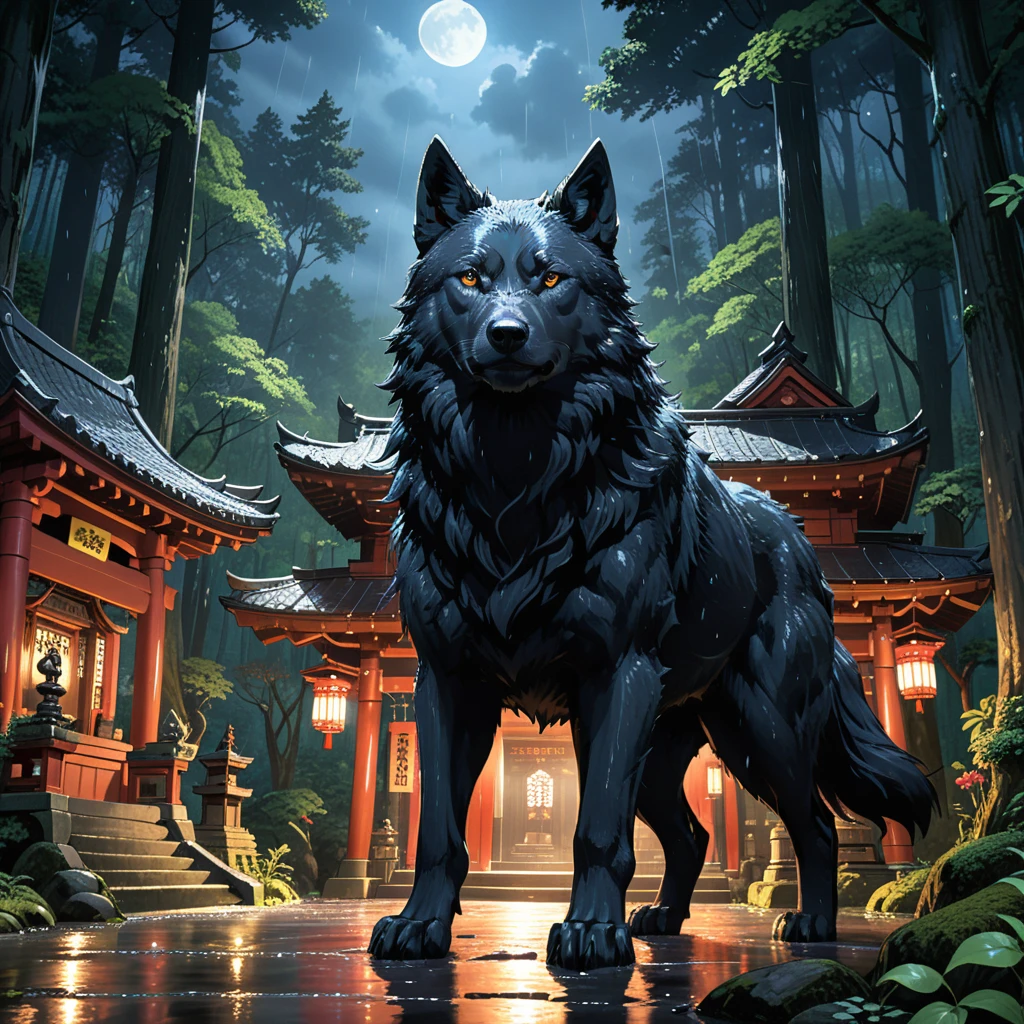 ((detailed)), ((Highest quality)), ((8k)), ((best quality)), ((masterpiece)), (detailed), Studio Ghibli、Wet day、in the forest、Dark Forest、in the forest、Giant black wolf、One huge black wolf、View here、night、shrine、Temple