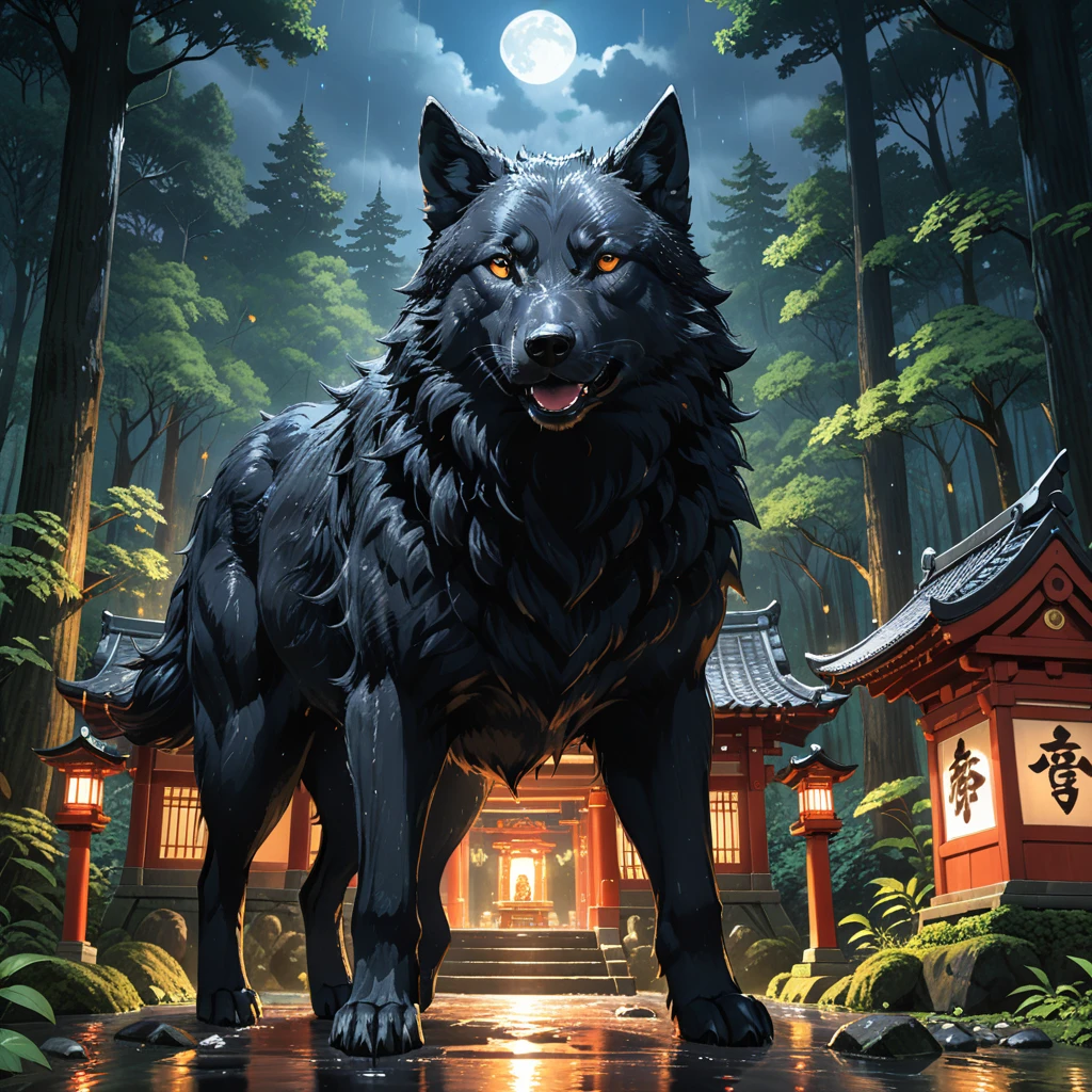 ((detailed)), ((Highest quality)), ((8k)), ((best quality)), ((masterpiece)), (detailed), Studio Ghibli、Wet day、in the forest、Dark Forest、in the forest、Giant black wolf、One huge black wolf、View here、night、shrine、Temple