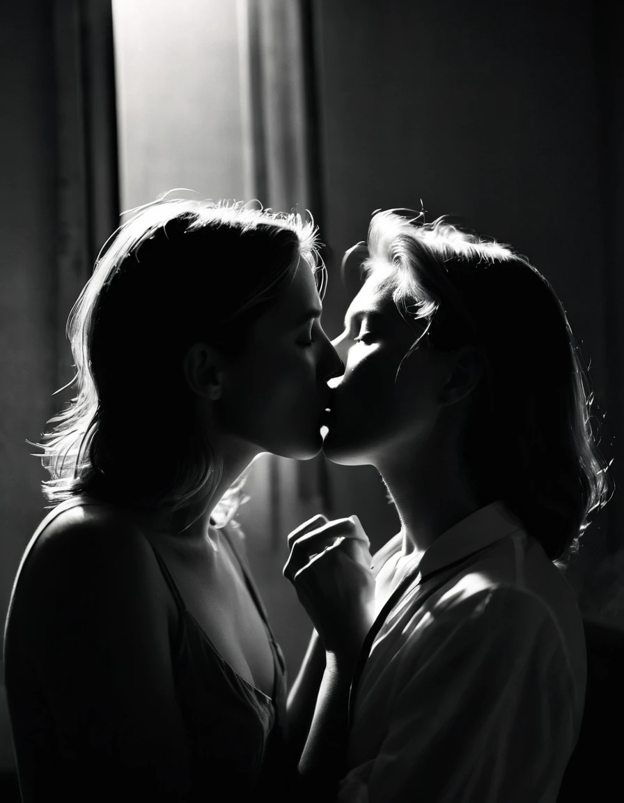 two women in a student flat kissing, face slightly out of focus, light leaks and film grain, 1000 ISO, black and white, holga 120n, (best quality,4k,8k,highres,masterpiece:1.2),ultra-detailed,(realistic,photorealistic,photo-realistic:1.37),cinematic lighting,moody atmosphere,dramatic shadows,cold tones,minimalist,soft focus,ethereal,dreamlike