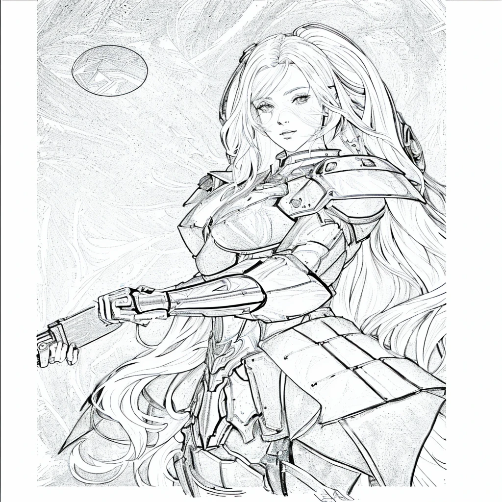 a drawing of a woman with a futuristic outfit and a gun, girl in knight armor, perfect line art, extremely thin ink lineart, lineart behance hd, fantasy paladin woman, beautiful line art, bold lineart, female paladin photo, intense line art, lineart limpo, female rider, complex fantasy character, female paladin portrait