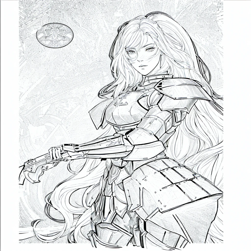 a drawing of a woman with a futuristic outfit and a gun, girl in knight armor, perfect line art, extremely thin ink lineart, lineart behance hd, fantasy paladin woman, beautiful line art, bold lineart, female paladin photo, intense line art, lineart limpo, female rider, complex fantasy character, female paladin portrait