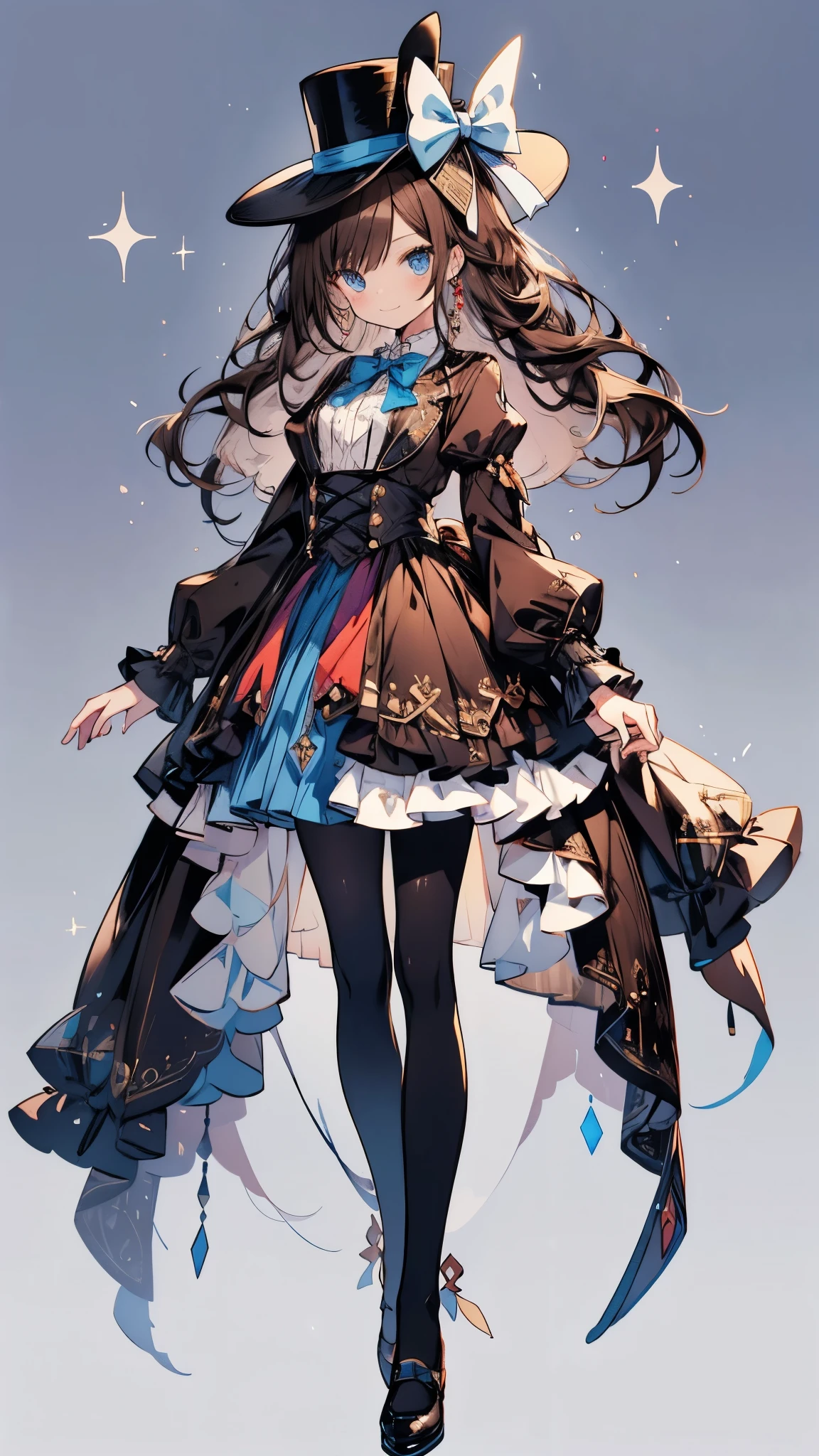 a picture is a cartoon style pic with a female protagonist and her pet, solo, 1girl, dress, long hair, hat, full body, blue eyes, bow, top hat, mini hat, mini top hat, sparkle, sidelocks, brown dress, white pantyhose, very long hair, smile, looking at viewer, simple background, bowtie, frills, bangs, brown hair, frilled dress, white background, pantyhose, closed mouth, standing, shoes