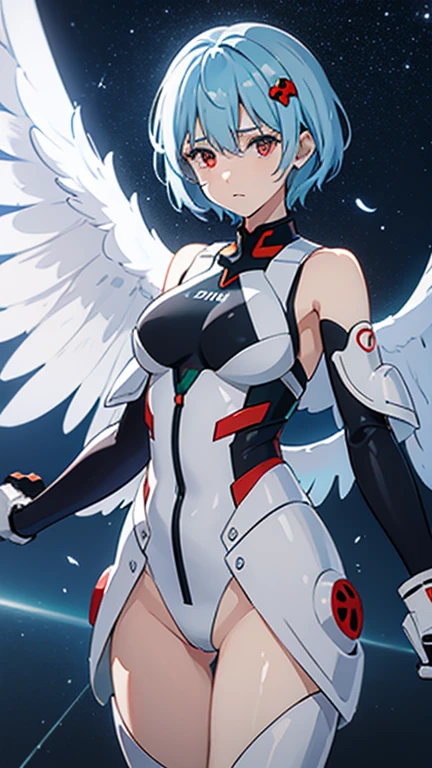 （（背中にBig Wingsが生えている））、（（（Rei Ayanami）））、（（白いPlug Suit））、short hair、（（White interface set））、Blue Hair、【【Red eyes】】、Hair between the eyes、Plug Suit、Watery eyes、Watery eye、（（Troubled face））、Droopy eyeouth slightly open））、Highest quality、８K、Red eyes、１４age、（（White bodysuit））、Perfect fit、One Girl、Official Art、Pretty young face、Anime Face、（（Big Wings））、Clear Images、【【【Flying in space】】】、The whole body is shown、Blue moon behind