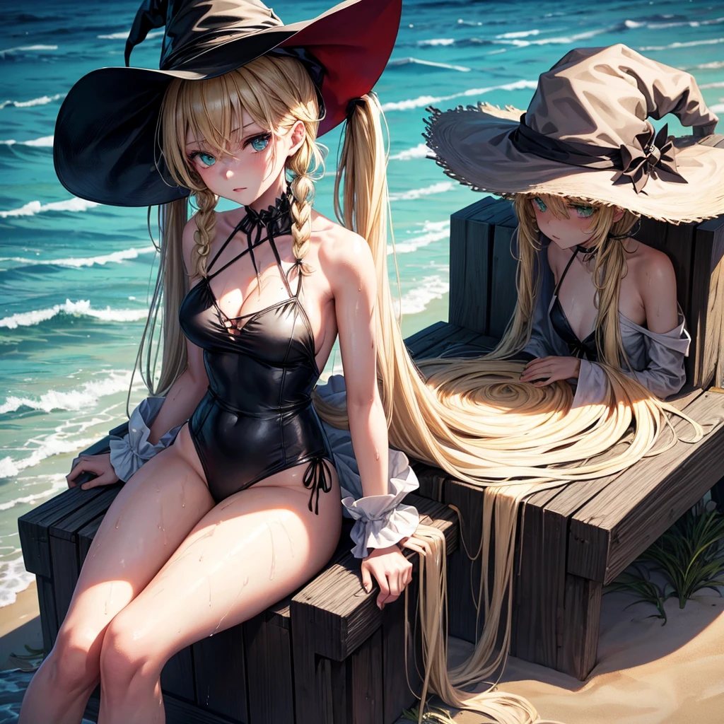 very slender. Long, blonde hair. She has green eyes. pigtails tied wearing a large witch hat. Wearing a black swimsuit, wet clothes, beach background, sitting in the beach chair