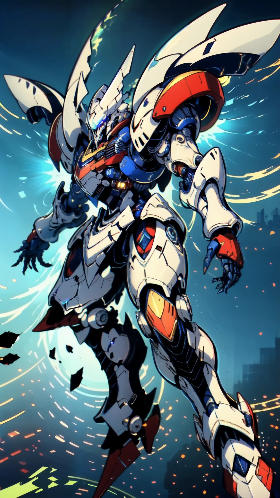 (masterpiece:1.5, best quality:1.5, extremely delicate:1.5), humanoid Mecha, fully enclosed shoulder guards, matching arm and leg guards, full body, full armor, the design balances heavy with agility, (the color scheme is primarily white with red and blue accents, the concept Inspired by Super robot, organic biotech armor, standing, floating high above the futuristic sci-fi city), exquisite and mature art style, (aura effect, energy, glowing eyes, the armor glows), ((SRS)), metallic, dramatic, high definition, highres, ultra-detailed, ultra-fine painting, professional, perfect body proportions, anatomically correct, symmetrical face, extremely detailed eyes and face, high quality eyes, creativity, RAW photo, UHD, 32k, Natural light, cinematic lighting, masterpiece-anatomy-perfect