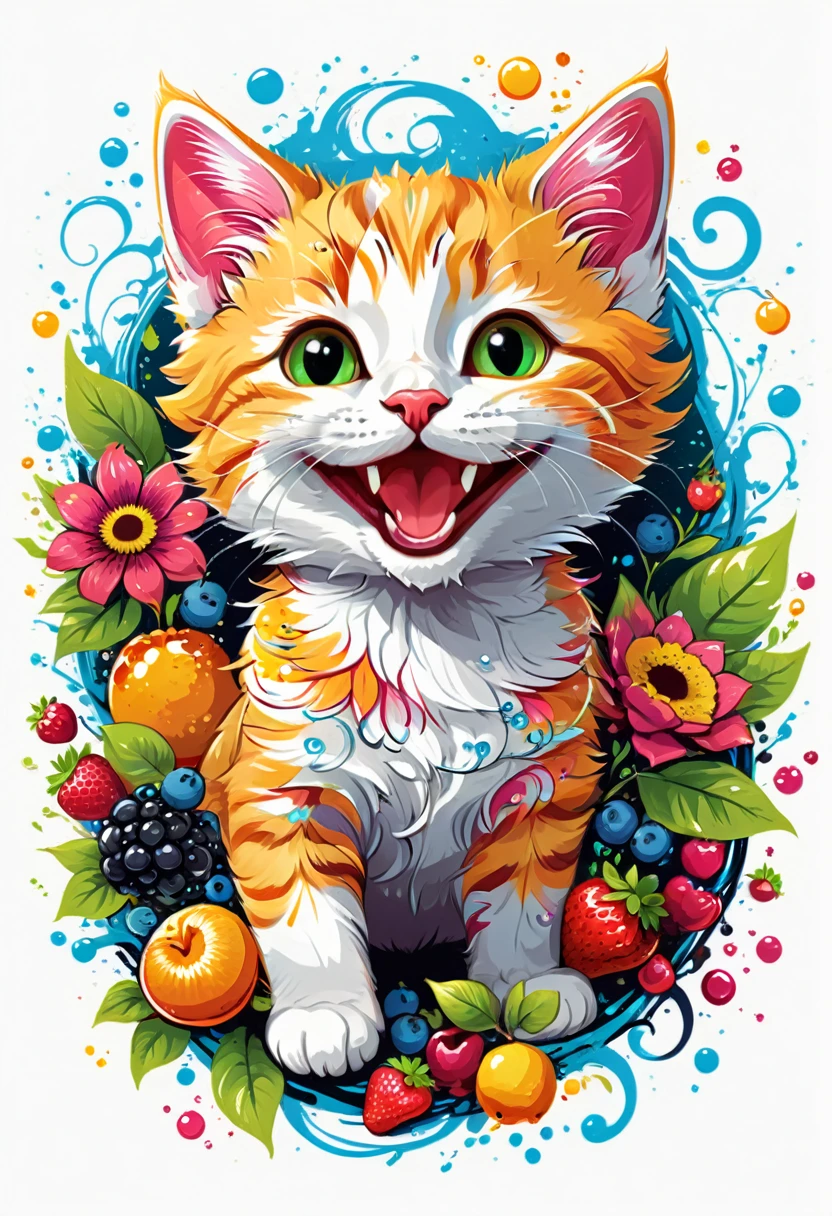  T-shirt designs, vectorial art, colorful illustration of a smiling kitten, At the center, swirly vibrant colors, flowers, fruits, high détail, White background, t shirt design.
(work of art, best qualityer, proffesional, perfect composition, very aesthetic, absurdrez, super verbose, details Intricate:1.3)