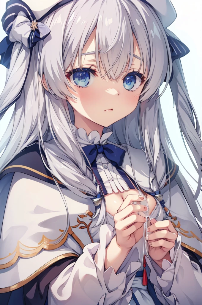 NSFW,((1man with 1woman,Having sex)),Silver Hair,Bare breasts,ahe face,顔を赤らめる,drooling,​masterpiece, top-quality, Hi-Res, Celia Clare, White Capelet, beret,White background,simple background