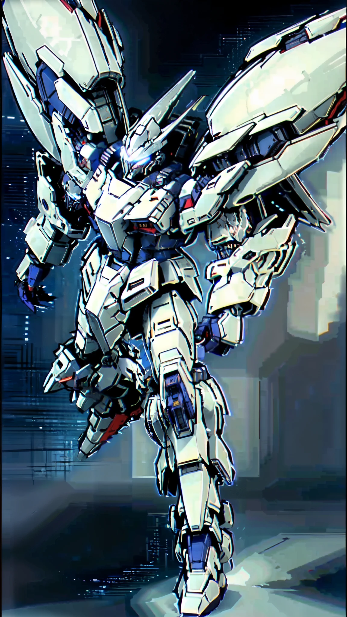 (masterpiece:1.5, best quality:1.5, extremely delicate:1.5), humanoid Mecha, fully enclosed shoulder guards, matching arm and leg guards, full body, full armor, the design balances heavy with agility, (the color scheme is primarily white with red and blue accents, the concept Inspired by Super robot, organic biotech armor, standing, floating high above the futuristic sci-fi city), exquisite and mature art style, (aura effect, energy, glowing eyes, the armor glows), ((SRS)), metallic, dramatic, high definition, highres, ultra-detailed, ultra-fine painting, professional, perfect body proportions, anatomically correct, symmetrical face, extremely detailed eyes and face, high quality eyes, creativity, RAW photo, UHD, 32k, Natural light, cinematic lighting, masterpiece-anatomy-perfect