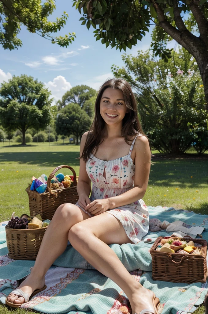 Realistic photograph, real beautiful woman, Caucasian woman, 24 year old woman, brunette, short wavy hair, brown eyes, skinny woman, smiling, picnic, laying on ground, nude, spreading pussy