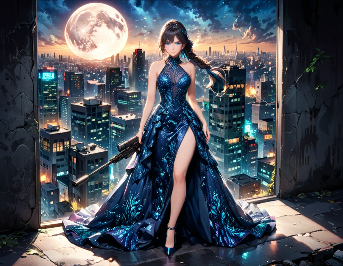 a portrait picture of a 1single woman sniper, standing in a window aiming a sniper rifle, an exotic beautiful woman sniper, dynamic hair, braided hair, full body shop, intense blue eyes, ultra detailed face, wearing (intricate evening dress: 1.5), elegant dress, dynamic color, dynamic style, wearing elegant stiletto heels , behind a window in a tall building at nigh, aiming a Light Sniper Rifle , cyberpunk city background, its night time, moon rays, some clouds,  (full body shot: 1.1) , vibrant, Ultra-high resolution, High Contrast, (masterpiece:1.5), highest quality, Best aesthetics), best details, best quality, highres, ultra wide angle, 16k, [ultra detailed], masterpiece, best quality, (extremely detailed) Sniper Rifle, evening dress
