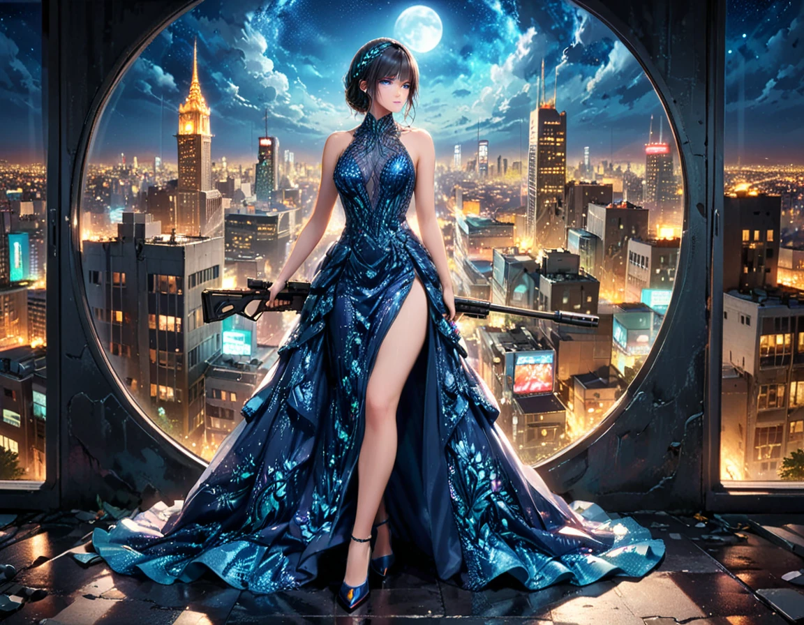 a portrait picture of a 1single woman sniper, standing in a window aiming a sniper rifle, an exotic beautiful woman sniper, dynamic hair, braided hair, full body shop, intense blue eyes, ultra detailed face, wearing (intricate evening dress: 1.5), elegant dress, dynamic color, dynamic style, wearing elegant stiletto heels , behind a window in a tall building at nigh, aiming a Light Sniper Rifle , cyberpunk city background, its night time, moon rays, some clouds,  (full body shot: 1.1) , vibrant, Ultra-high resolution, High Contrast, (masterpiece:1.5), highest quality, Best aesthetics), best details, best quality, highres, ultra wide angle, 16k, [ultra detailed], masterpiece, best quality, (extremely detailed) Sniper Rifle, evening dress
