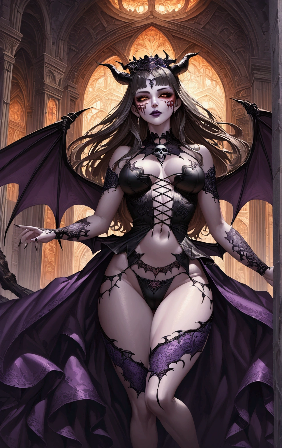 from below, 1girl, full body portrait, succubus, day of the dead facepaint and bodypaint, with legs spread wide open, open legs, demon wings, horns, scary detailed art in color, aroused expression, busty, curvy hips, sexy, alluring, posing with open legs, sheer lace hipsters, highly detailed fantasy art, beautiful fantasy art portrait, intricate detailed digital art, highly detailed digital painting, digital art fantasy art, mark brooks detailed, detailed fantasy digital art, amazing detail digital art, close-up portrait demoness skull,