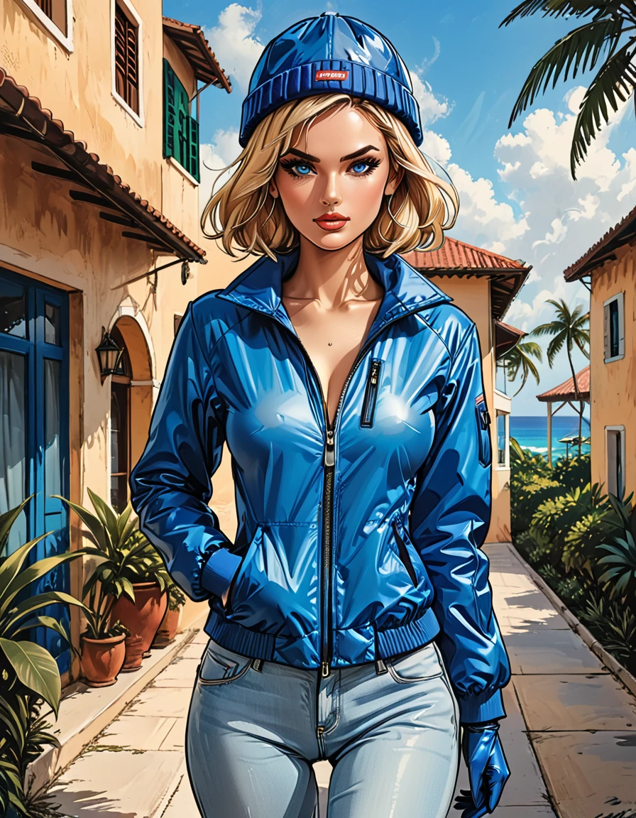 (girl in Blue zipped up down winter jacket) and levis (jeans)  and blue gloves and (((blue winter hat))) walking against the backdrop of a white hotel in the tropics,outside,  adult, [Nordic], Hourglass elongated fitness body, perfect Olive skin, Oval Face, Long neck, Rounded shoulders, perfect hand, Attached Pointed ears, round forehead, (Short blonde Waves pixie hair), snub nose, Arched eyebrows, ((Monolid blue Eyes)), High Round Narrow cheekbones, Dimpled Cheeks, Rounded Chin, Rounded Jawline, Full nude Lips, (blue eyes), Nude Makeup Look, long eyelashes, third breast size, ong slim fitness legs, graphic style of novel comics, perfect hands, 2d, 8k, hyperrealism, masterpiece, high resolution, best quality, ultra-detailed, super realistic, Hyperrealistic art, high-quality, ultra high res, highest detailed, lot of details, Extremely high-resolution details, incredibly lifelike, soft cinematic light,