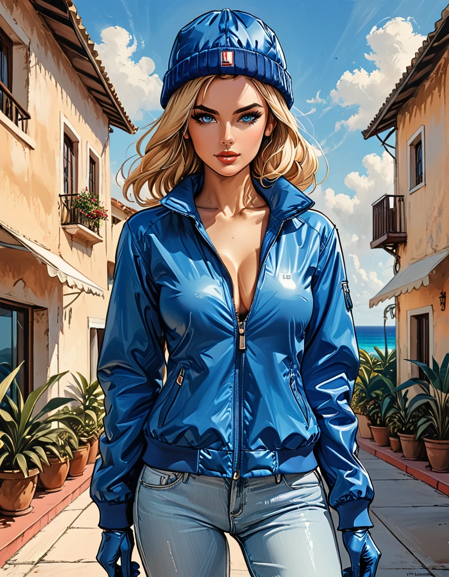 (girl in Blue zipped up down winter jacket) and levis (jeans)  and blue gloves and (((blue winter hat))) walking against the backdrop of a white hotel in the tropics,outside,  adult, [Nordic], Hourglass elongated fitness body, perfect Olive skin, Oval Face, Long neck, Rounded shoulders, perfect hand, Attached Pointed ears, round forehead, (Short blonde Waves pixie hair), snub nose, Arched eyebrows, ((Monolid blue Eyes)), High Round Narrow cheekbones, Dimpled Cheeks, Rounded Chin, Rounded Jawline, Full nude Lips, (blue eyes), Nude Makeup Look, long eyelashes, third breast size, ong slim fitness legs, graphic style of novel comics, perfect hands, 2d, 8k, hyperrealism, masterpiece, high resolution, best quality, ultra-detailed, super realistic, Hyperrealistic art, high-quality, ultra high res, highest detailed, lot of details, Extremely high-resolution details, incredibly lifelike, soft cinematic light,