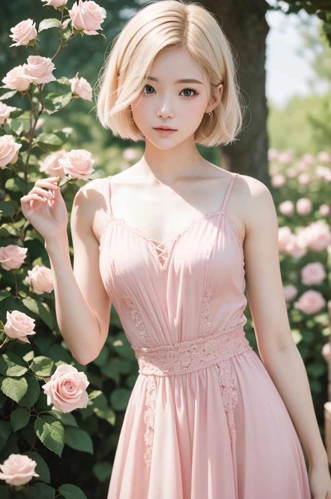 8k, CRU photo, Fujifilm, style photo of a beautiful young woman like Avril in a light pink rose garden (highly detailed skin: 1.2) Style-Petal BREAK short hair, blonde hair with colored highlights, wearing a dress, film grain, 35mm, cute style
