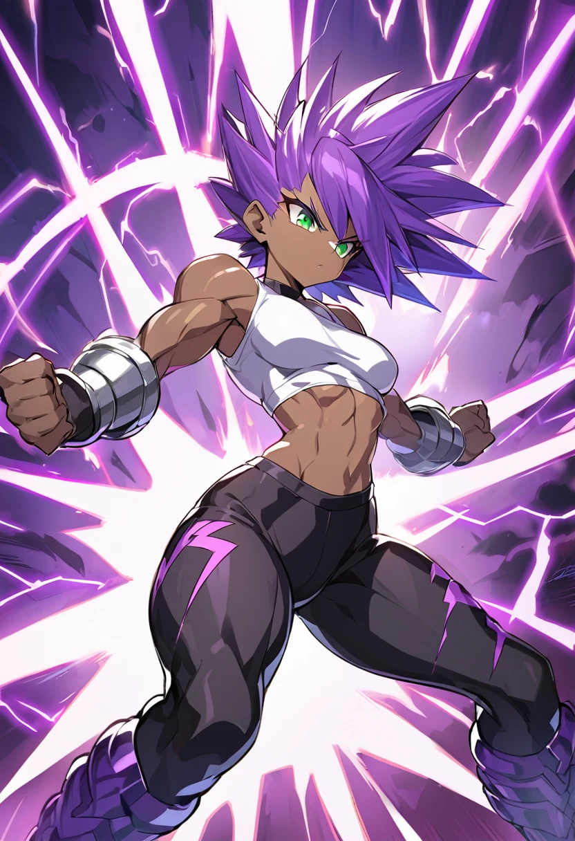 girl, alone, Saiyan, spiky purple hair, green eyes, defined muscles, thin waist, wide hips, dark skin, medium breasts, white t-shirt, black pants, super saiyan, lightning around, purple lightning, purple lightning around, energy around, ki energy, purple energy, god of destruction (super dragon ball style), she is generating enormous purple energy with her two hands to attack her opponent
