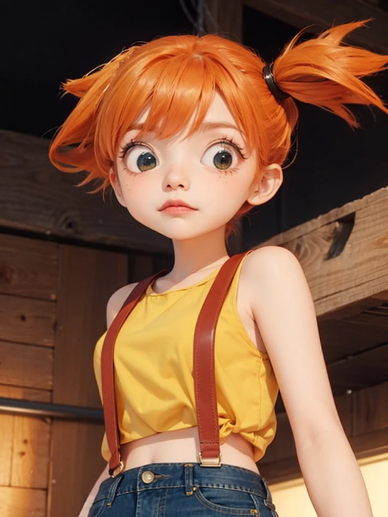 A pretty, serious humor, with tied orange hair, with yellow blouse jeans.