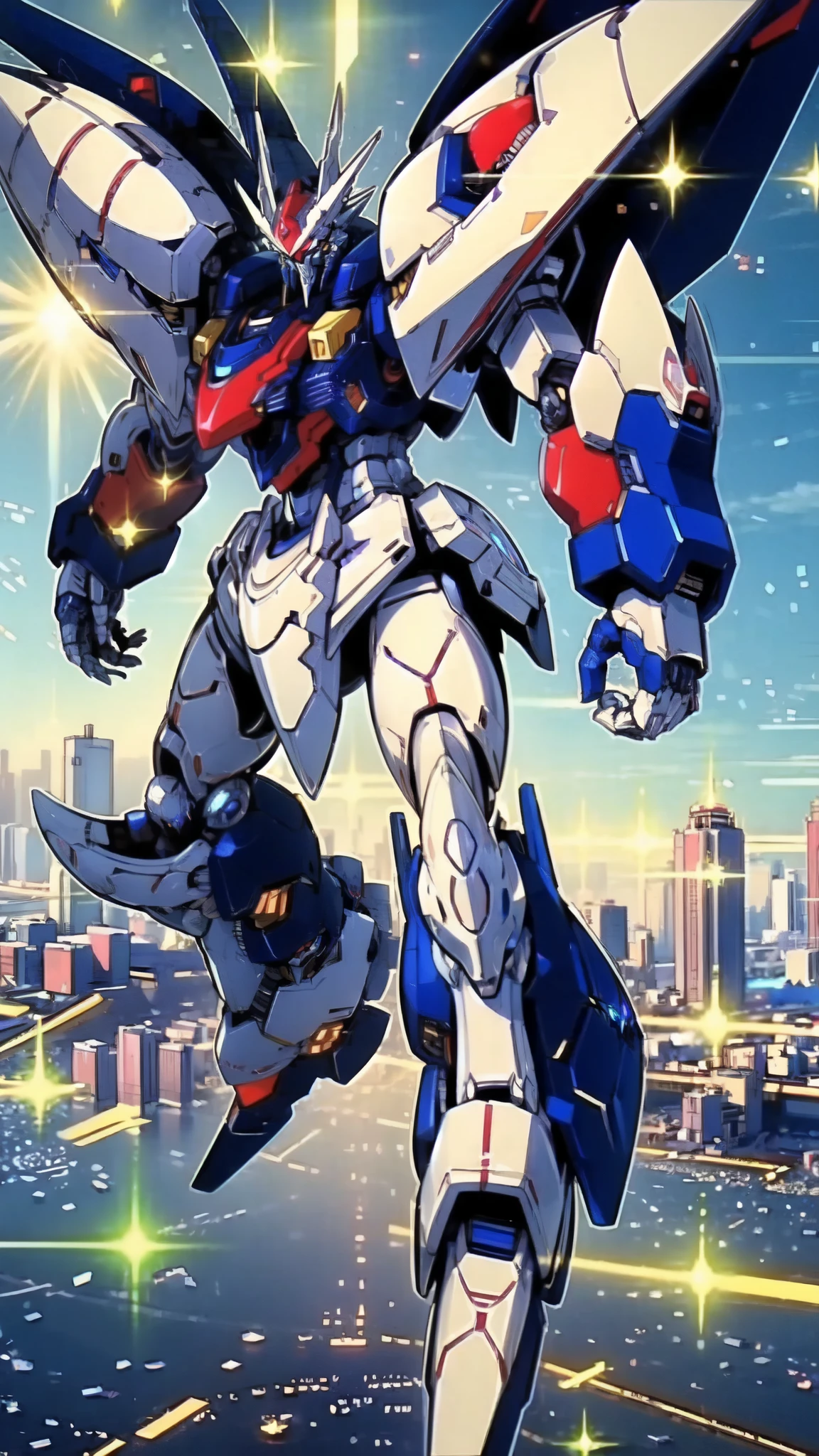 (masterpiece:1.5, best quality:1.5, extremely delicate:1.5), humanoid Mecha, fully enclosed shoulder guards, matching arm and leg guards, full body, full armor, the design balances heavy with agility, (the color scheme is primarily white with red and blue accents, the concept Inspired by Super robot, organic biotech armor, standing, floating high above the futuristic sci-fi city), exquisite and mature art style, (aura effect, energy, glowing eyes, the armor glows), ((SRS)), metallic, dramatic, high definition, highres, ultra-detailed, ultra-fine painting, professional, perfect body proportions, anatomically correct, symmetrical face, extremely detailed eyes and face, high quality eyes, creativity, RAW photo, UHD, 32k, Natural light, cinematic lighting, masterpiece-anatomy-perfect