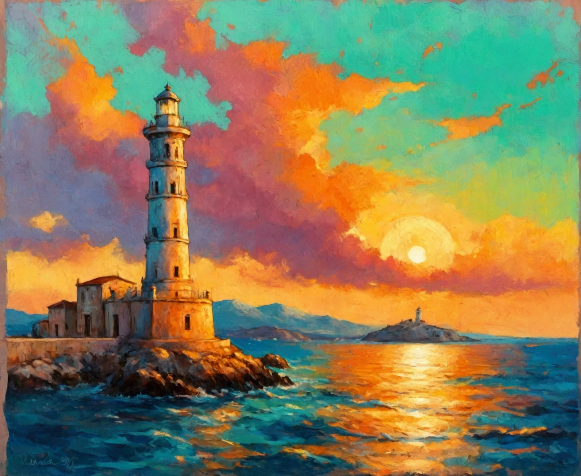 a thick textured oil painting, impasto brushstrokes, dry brushing,revealing underlayers, breathtaking composition, Create an art deco inspired illustration of A scenic lighthouse Chania Lighthouse (Greece), overlooking the turquoise waters of sunset. Include vibrant pastel colors, sleek lines, and a retro summer atmosphere. The style should be reminiscent of vintage travel posters with a modern twist,  breathtaking composition, wall art decor, Chania Lighthouse (Greece), Chania Lighthouse (Greece)