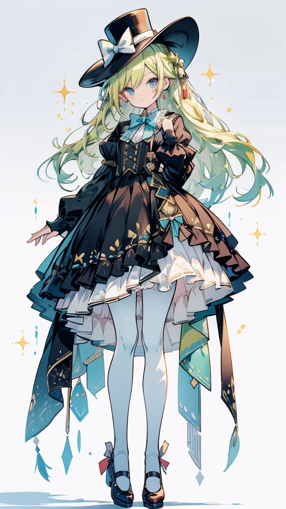 a picture is a cartoon style pic with a female protagonist and her pet, 独奏, 1girl, dress, long hair, hat, full body, blue eyes, bow, top hat, mini hat, mini top hat, sparkle, sidelocks, brown dress, white pantyhose, very long hair, smile, looking at viewer, simple background, bowtie, frills, bangs, yellow green hair, frilled dress, white background, pantyhose, closed mouth, standing, shoes