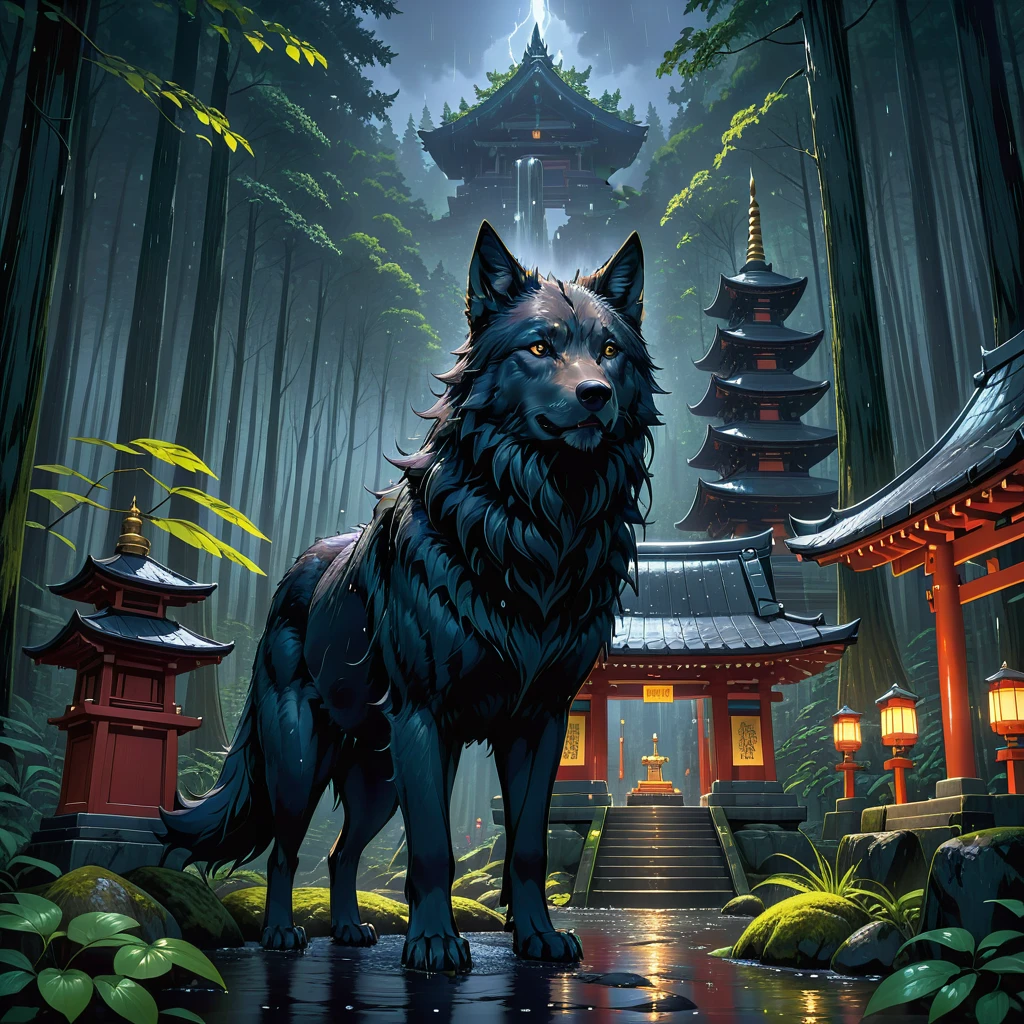 ((detailed)), ((Highest quality)), ((8k)), ((best quality)), ((masterpiece)), (detailed), Studio Ghibli、Wet day、in the forest、Dark Forest、in the forest、Giant black wolf、One huge black wolf、View here、night、shrine、Temple