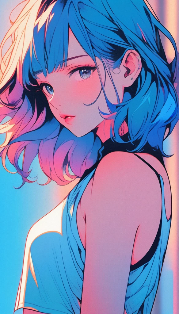 Illustrator, Anime , Realistic ,sketch , 1girl in, ,lip, order, Blue gradient background, Neon Hair,textured crop, Canadian, (masutepiece,Best Quality)